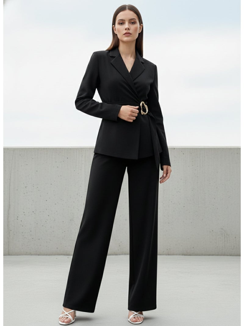 OUTZIDR Black Full Sleeve Belted Detail Top And Pant Set - Image 3